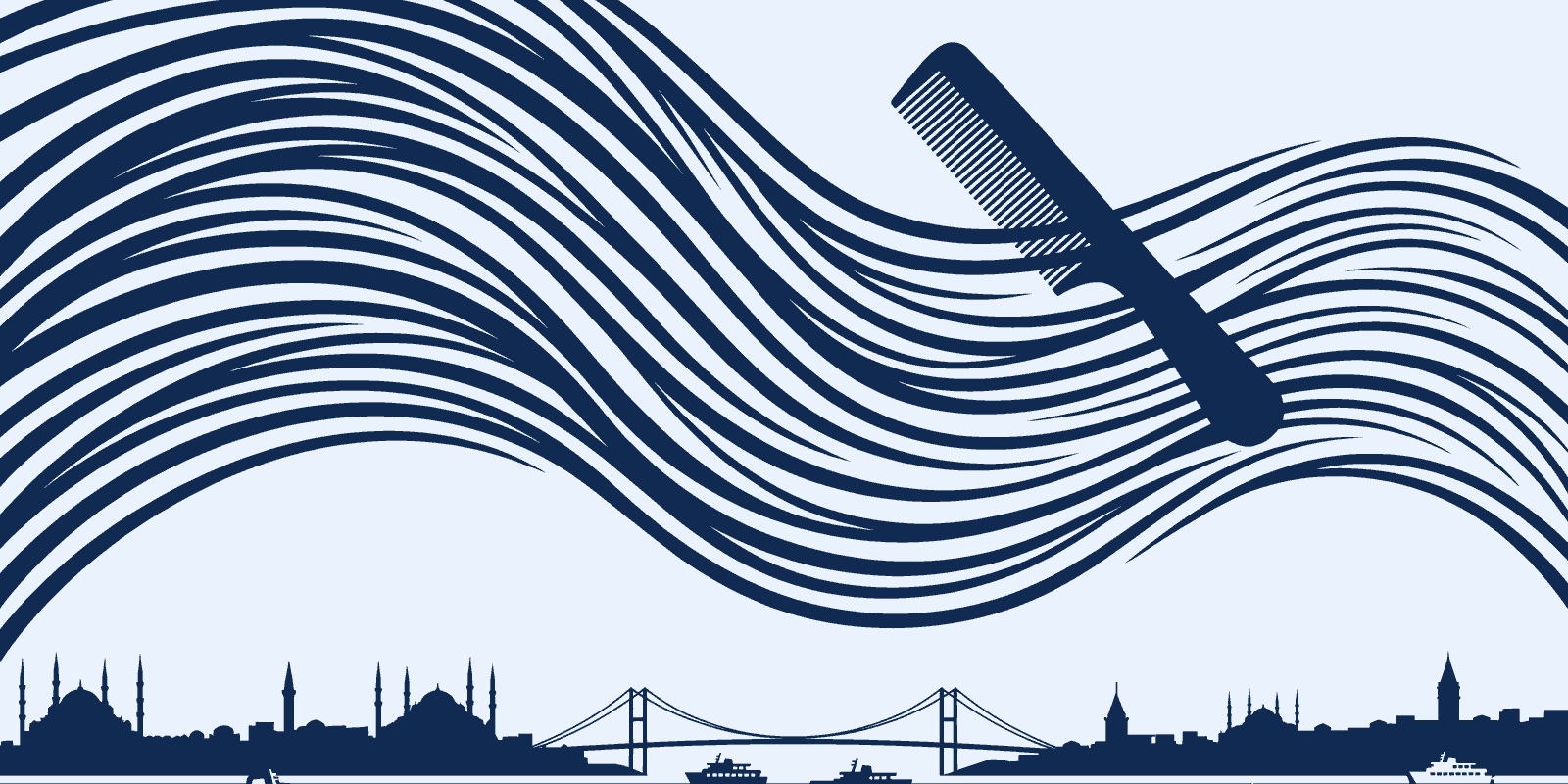 Flowing strands of hair and a comb, drawn flat above a low Istanbul skyline — a two-colour illustration.